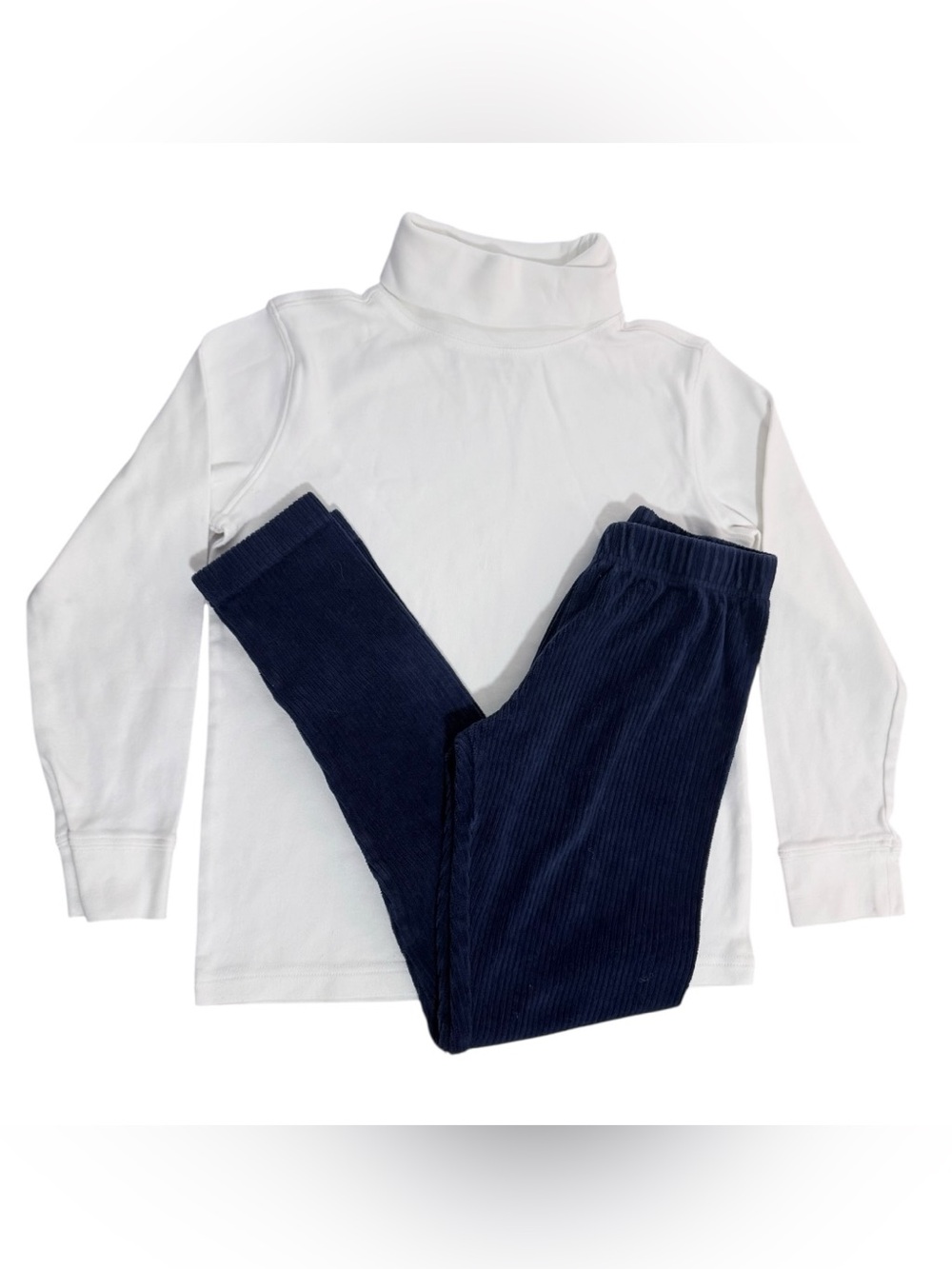 Hanna Andersson Girls White Organic Cotton Turtleneck & Navy Velour Leggings 8